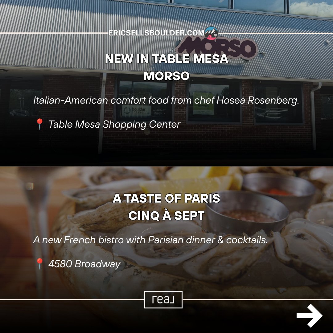 FarranEric's tweet photo. Boulder food update 🍝 Morso in Table Mesa, Cinq à Sept in North Boulder, Cafe Meets Boba on Arapahoe, and award-winning Flagstaff House. Which one are you trying first? #BoulderCO #BoulderRealEstate #BoulderRestaurants #ColoradoHomes #fyp https://t.co/1gxHXM40WC