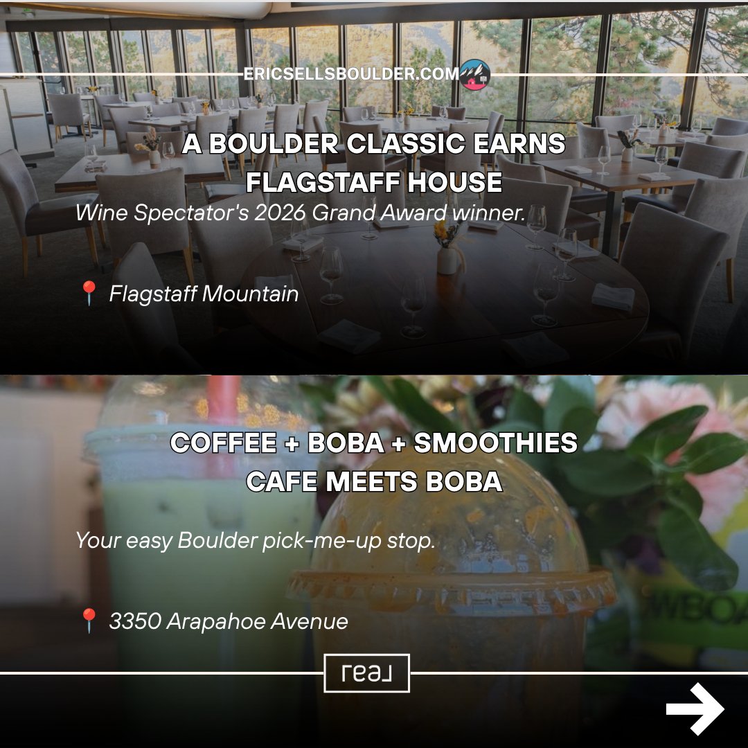 FarranEric's tweet photo. Boulder food update 🍝 Morso in Table Mesa, Cinq à Sept in North Boulder, Cafe Meets Boba on Arapahoe, and award-winning Flagstaff House. Which one are you trying first? #BoulderCO #BoulderRealEstate #BoulderRestaurants #ColoradoHomes #fyp https://t.co/1gxHXM40WC