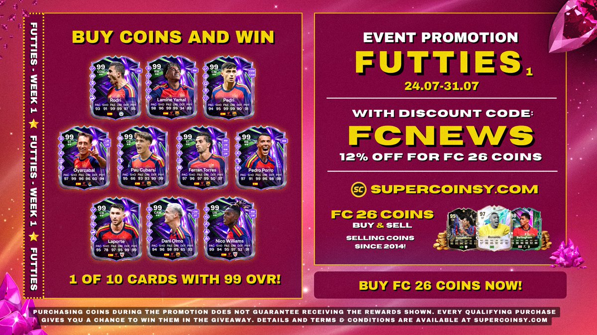 SuperCoinsy's tweet photo. 🏆 BUY FC 26 COINS &amp; WIN 1 OF 10 9️⃣9️⃣ OVERALL CARDS! 🏆

💰 Use code FCNEWS for 12% OFF!

✅ Buying and selling FC/FIFA Coins since 2014 👈

🔒 Ban-free coins delivery!

#fc26 #futties https://t.co/arIJH8PoNa