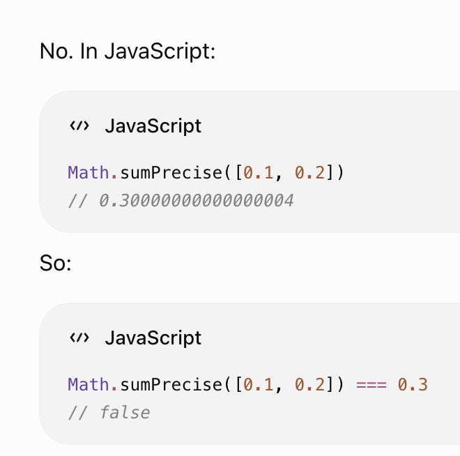 Aizkmusic's tweet photo. > New JS method approved
> Called sumPrecise()
> Doesn't precisely sum numbers
What are we doing people https://t.co/Ci4Zqnt3Fs