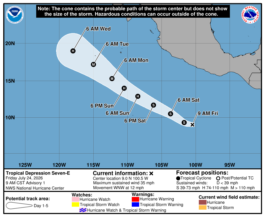 daniloevan11's tweet photo. Tropical Depression #07E has formed in the EPac, and is likely to become our first major hurricane of the season, (unless #Fausto makes it). It will have at least 4 days over VERY warm SSTs, anywhere from 30-31 C, which will allow it to rapidly intensify in no time! https://t.co/prEwAe6Sx6