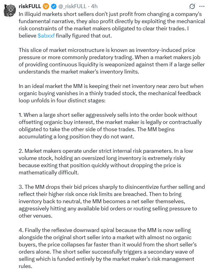 AIMhonesty's tweet photo. $ABXX.TO  @JoshCrumb May 27, 2025: "Bring the smash. It's needed supply."  With hype of 3X subscribed placing, $150m of "organic" buying. 
Now begging for buyers, blaming shorts & using Brunnermeier & Pedersen's paper to justify the drop. Maybe they should read it first, oh well