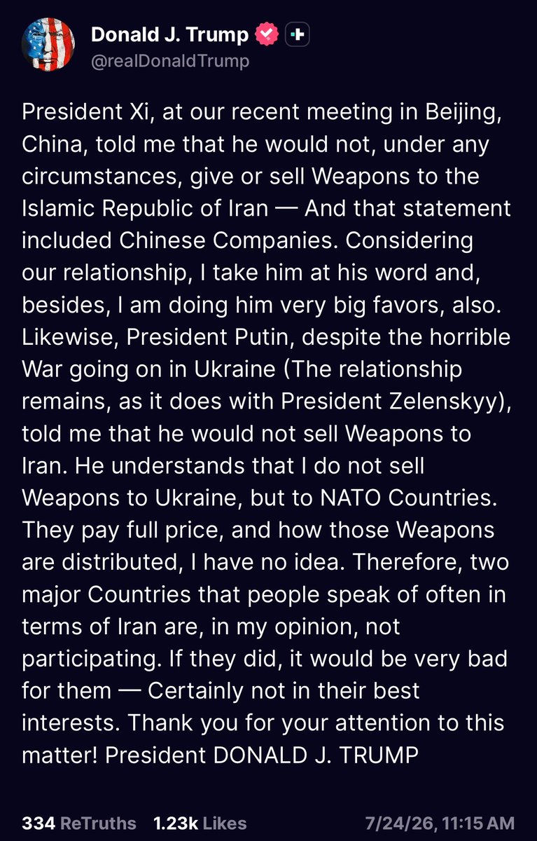 KobeissiLetter's tweet photo. BREAKING: President Trump says China's President Xi and Russia's President Putin told him that they would not sell weapons to Iran. https://t.co/WmHOPTORfS