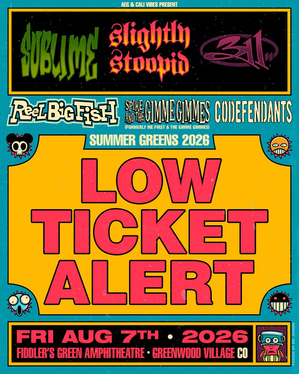 sublime's tweet photo. Colorado– Summer Greens tickets are moving fast!! Grab yours now to join the party at @FiddlersGreenCO on August 7 🙌
Tickets are also still available for August 6th at @FordAmpCOS with Codefendants and Common Kings, don’t miss out!
🎫 https://t.co/K0nSCYYs9c https://t.co/2yQuARaz7g