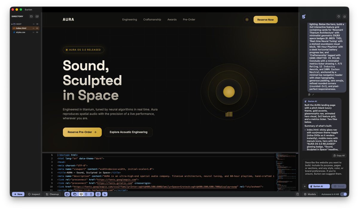 ruimiguel_17's tweet photo. Today I am introducing Surion, a local first website generation platform for macOS. Start using today for free:
https://t.co/j0pM0Y2zQR
#Surion #macOS #AI #WebsiteDevelopment #Loveable #Bolt #Alternative https://t.co/nbcrgZuGRe
