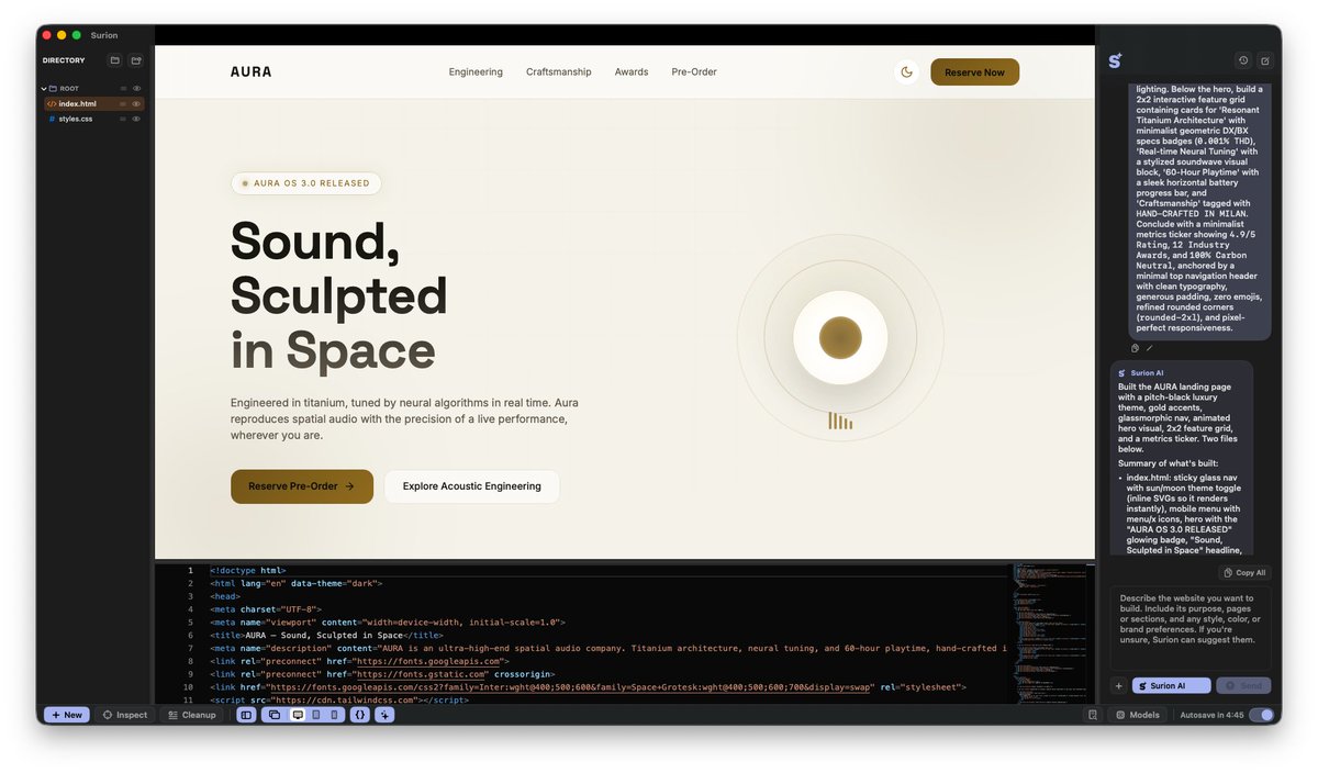 ruimiguel_17's tweet photo. Today I am introducing Surion, a local first website generation platform for macOS. Start using today for free:
https://t.co/j0pM0Y2zQR
#Surion #macOS #AI #WebsiteDevelopment #Loveable #Bolt #Alternative https://t.co/nbcrgZuGRe