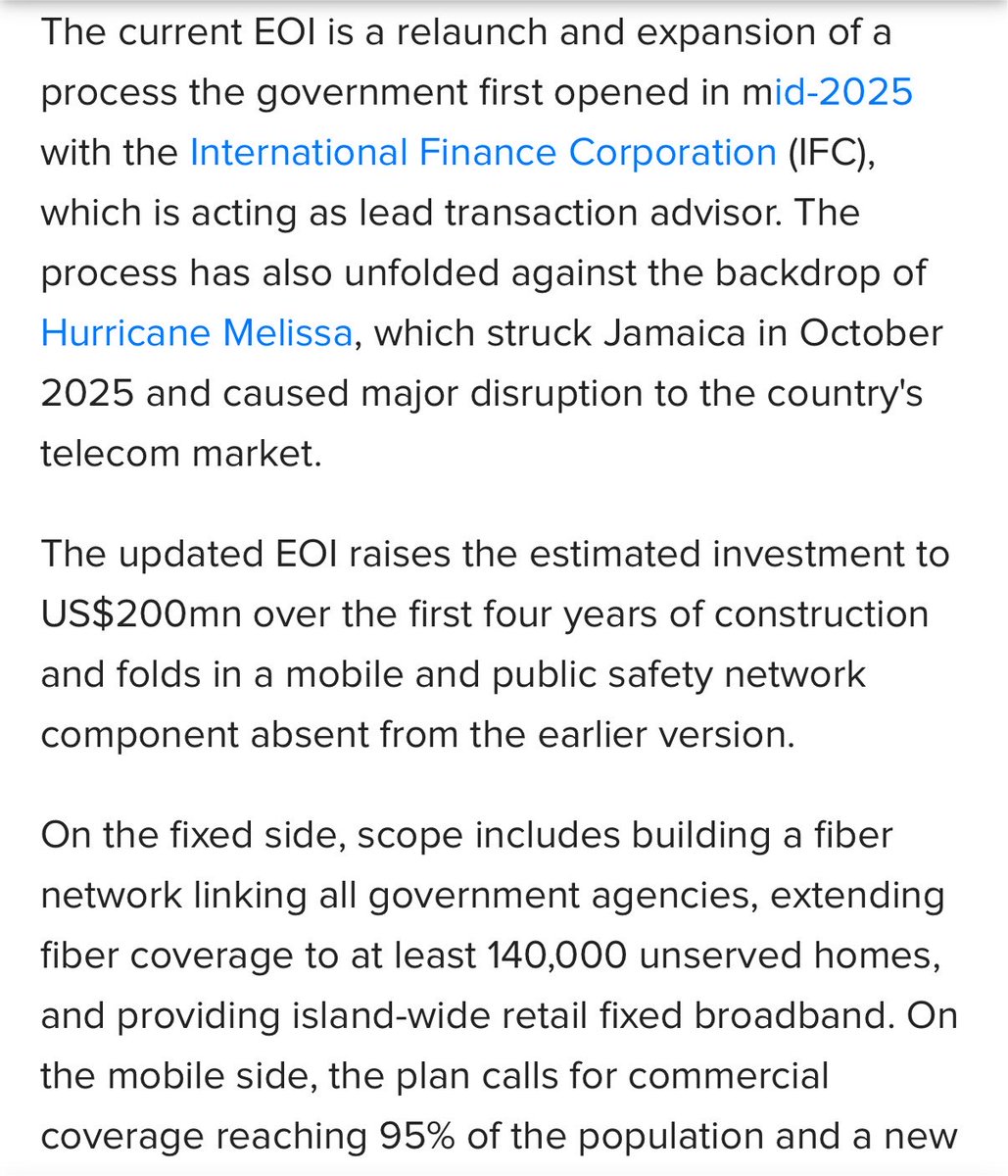 KyleAnthonie's tweet photo. Jamaica 🇯🇲 opens a US$200M expression of interest for a nationwide broadband network, advised by the IFC (the World Bank’s private lending arm). The plan targets 140,000 unserved homes &amp; 95% mobile coverage, also includes a new public safety network. https://t.co/jX3juQCj6B https://t.co/X8FbTfSxsA