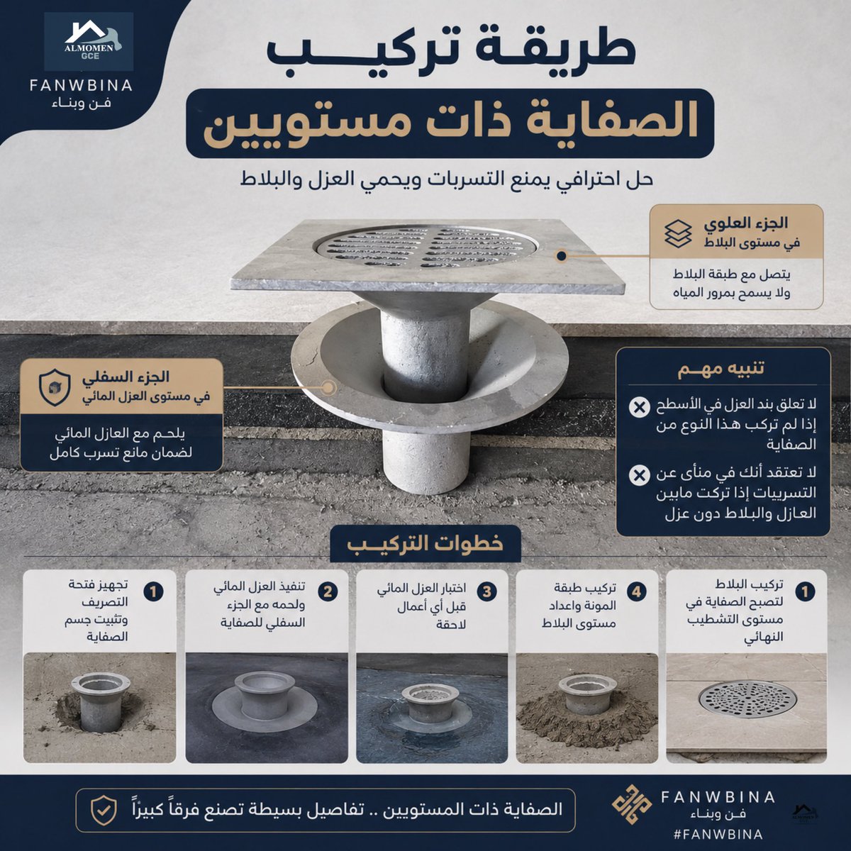 fanwbina's tweet photo. #فن_وبناء التسرب لا يبدأ من البلاط... بل من تفاصيل لا يراها الكثير.

✨الصفاية ذات المستويين  هي عنصر مهم لضمان استمرارية نظام العزل المائي. 

👌الجزء السفلي يُدمج مع طبقة العزل، بينما يكون الجزء العلوي بمستوى البلاط، ليتم تصريف المياه السطحية ومنع تجمعها بين العازل والبلاط.
👍🏻إهمال هذه التفاصيل قد يؤدي إلى تسربات خفية يصعب اكتشافها ولا تظهر إلا بعد تلف التشطيبات.
في #FANWBINA نؤمن أن جودة التنفيذ لا تُقاس بما يظهر بعد التشطيب، بل بما يُنفذ بإتقان قبل إغلاق الأعمال.