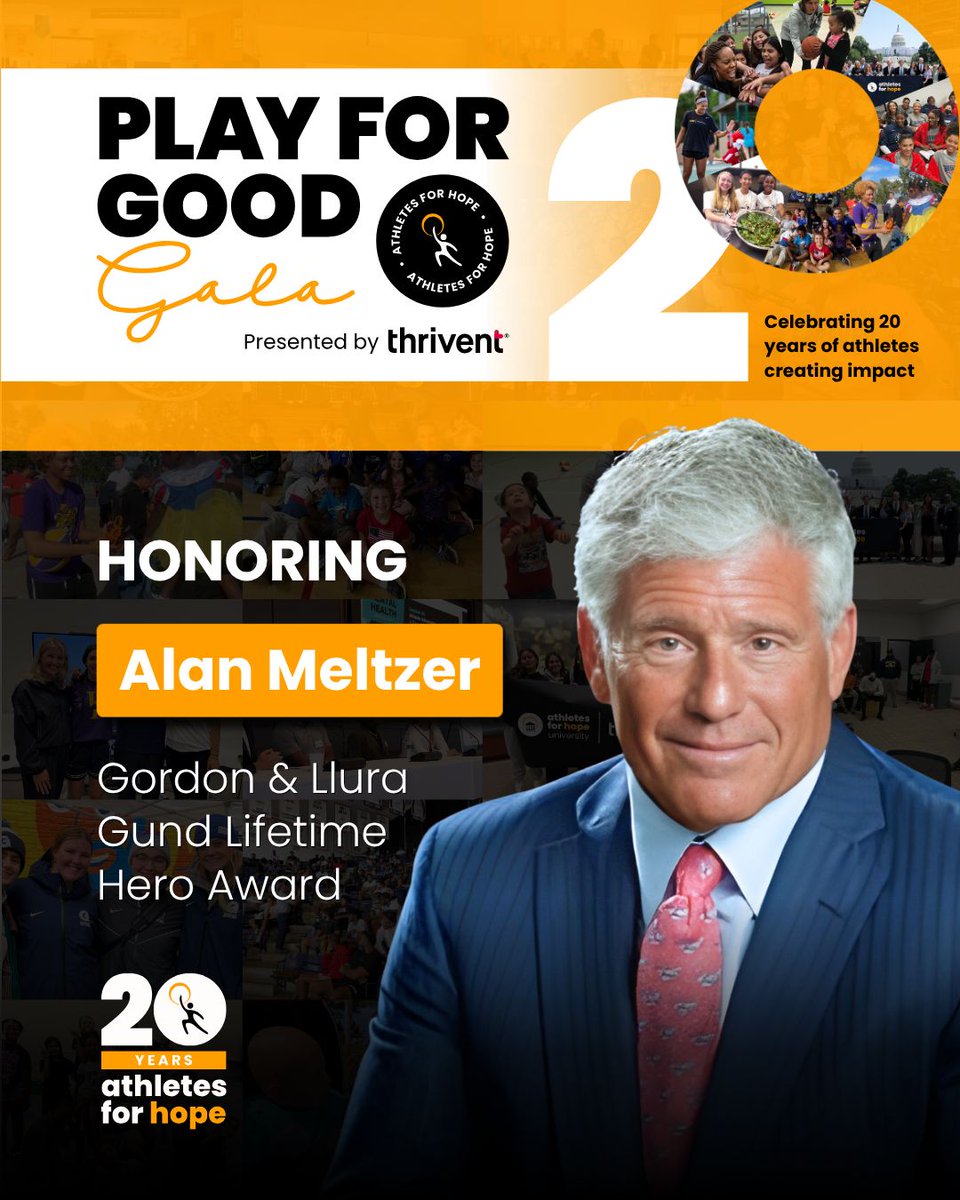 AthletesForHope's tweet photo. The Gordon &amp; Llura Gund Lifetime Hero Award at the 2026 Play for Good Gala goes to Alan Meltzer — entrepreneur, civic leader, and lifelong champion for youth, education, and community. 🏆

Join us November 14th in Washington, D.C. 

#PlayForGood #AFH https://t.co/ZXrsa6QqFK