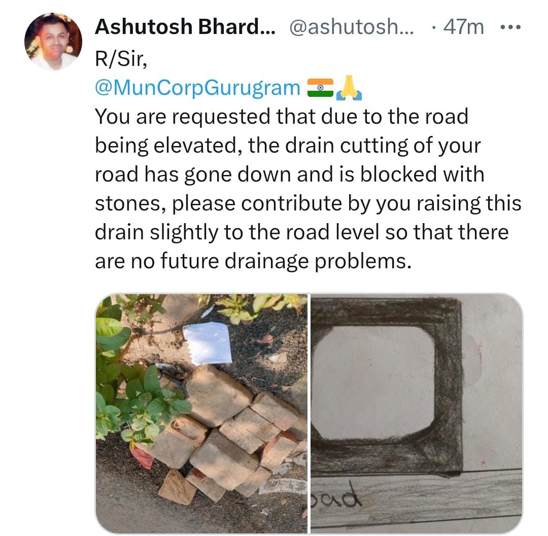 ashutoshbindian's tweet photo. R/Sir,
Shri @MukeshSharmaGG 🇮🇳🙏
Thank you sincerely for the work done today; however, we would like to inform you that the issue regarding drain harvesting specifically the water drainage problem remains unresolved, having been pending for the past half and half years🙏 https://t.co/SbRmK2ypyq