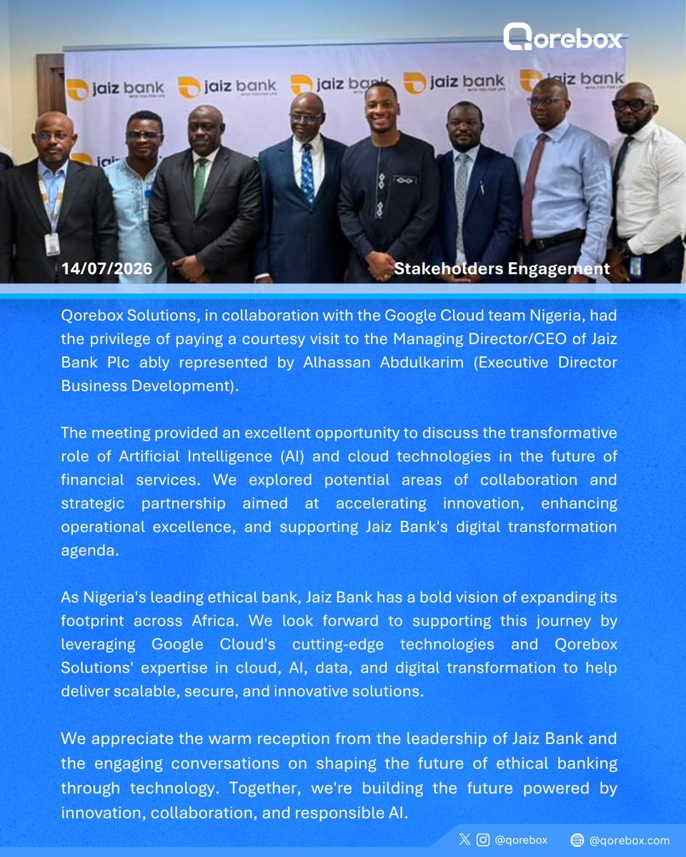 qorebox's tweet photo. Stakeholders engagement at JAIZ Bank with Qorebox and Google Cloud Team, Nigeria
#QoreboxSolutions #GoogleCloud #JaizBank #ArtificialIntelligence #DigitalTransformation #EthicalBanking #Innovation #StrategicPartnership #Africa #FinTech #ResponsibleAI https://t.co/TUFyaAoG6o