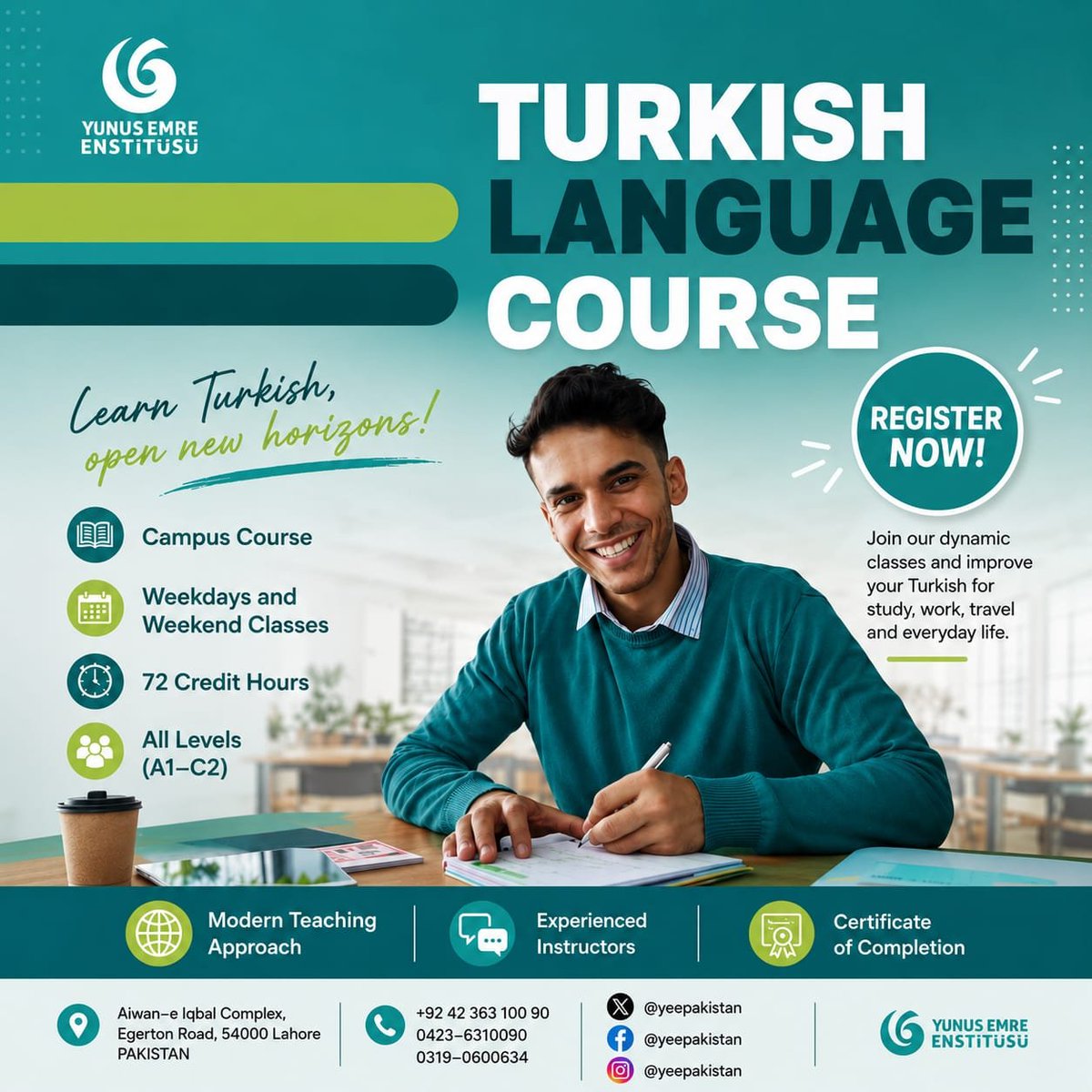 yeepakistan's tweet photo. Registration deadline is extended to July 31, 2026

📢 Turkish Language Course Plan – LAHORE
Campus Course A1.1

Total Credit Hours: 72
Course Fee: PKR 9500 (includes book set)
Last Date to Register: 31-07-2026 https://t.co/0OMrGA7YIU