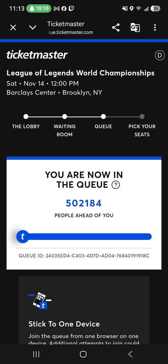 DCw517's tweet photo. @riotgames 
Wtf was this BS ticket release? How many actual people got tickets vs. bots? Over 500k in que for a 19k seat venue.. https://t.co/wIAUlR6JKC