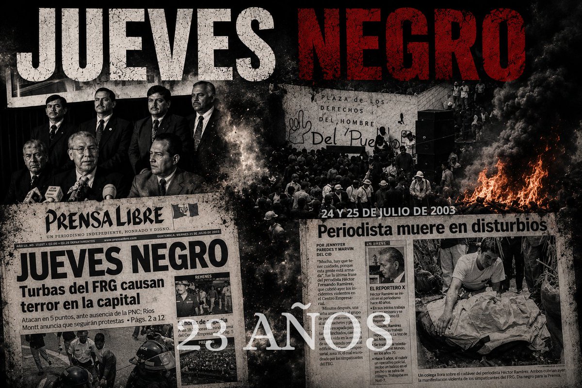 JuevesNegro2003's tweet photo. Hoy se cumplen 23 años del Jueves Negro, una de las jornadas más violentas y oscuras de la historia reciente de Guatemala. El 24 y 25 de julio de 2003, la capital fue escenario de disturbios, amenazas y ataques que dejaron una profunda huella en el país. https://t.co/26vqMoVKq6