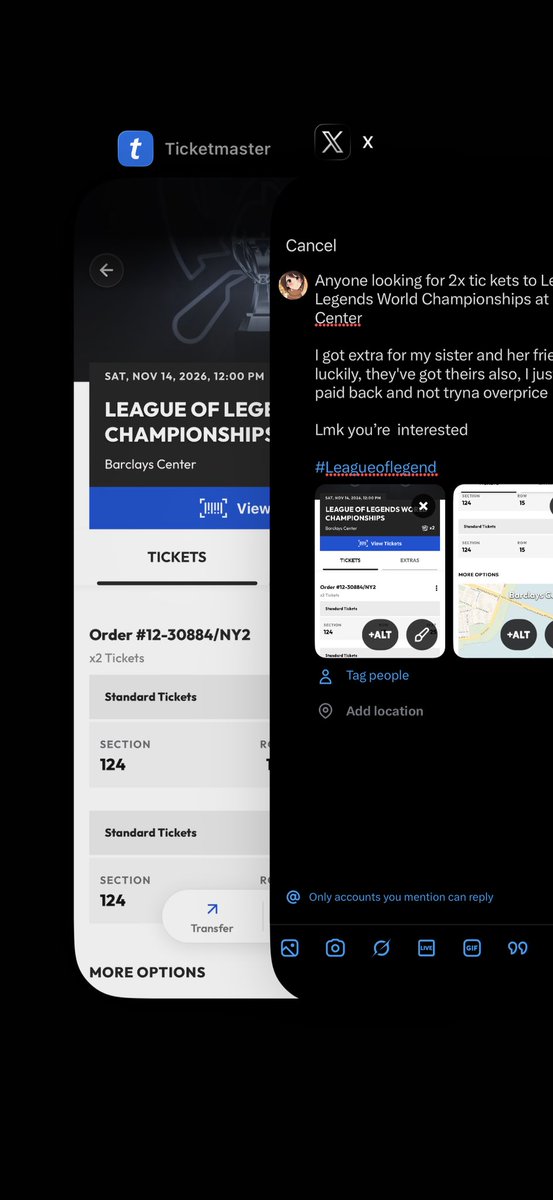sgblack22204's tweet photo. Anyone looking for 2x tic kets to League of Legends World Championships
I got extra for my sister and her friend but luckily, they've got theirs also, I just want to get paid back and not tryna overprice
Dm if interested
#Leagueoflegend #Worlds2026 #Worldsfinal https://t.co/k3fR7XzpUb