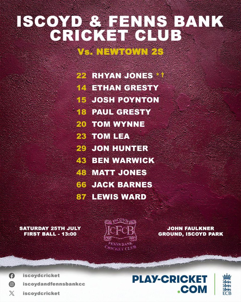 Iscoydcricket's tweet photo. Our XI for tomorrow as we welcome Newtown to the John Faulkner ground #IFBCC @lords__cricket @ShropCCLeague https://t.co/sLTjcmmWs2