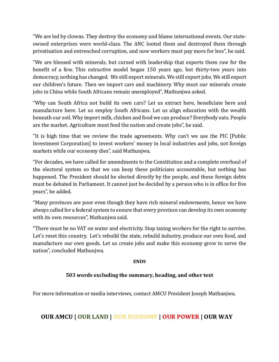 Amcumedia's tweet photo. MEDIA RELEASE

AMCU DEMANDS ECONOMIC RESET AS RISING PRICES AND HIGH INTEREST RATES CRUSH WORKERS

24 July 2026

SUMMARY:  AMCU warns that rising food and transport prices and the decision to keep the repo rate unchanged at 7% are... read more at https://t.co/RfsrB6JDbm https://t.co/496PSy0yBl