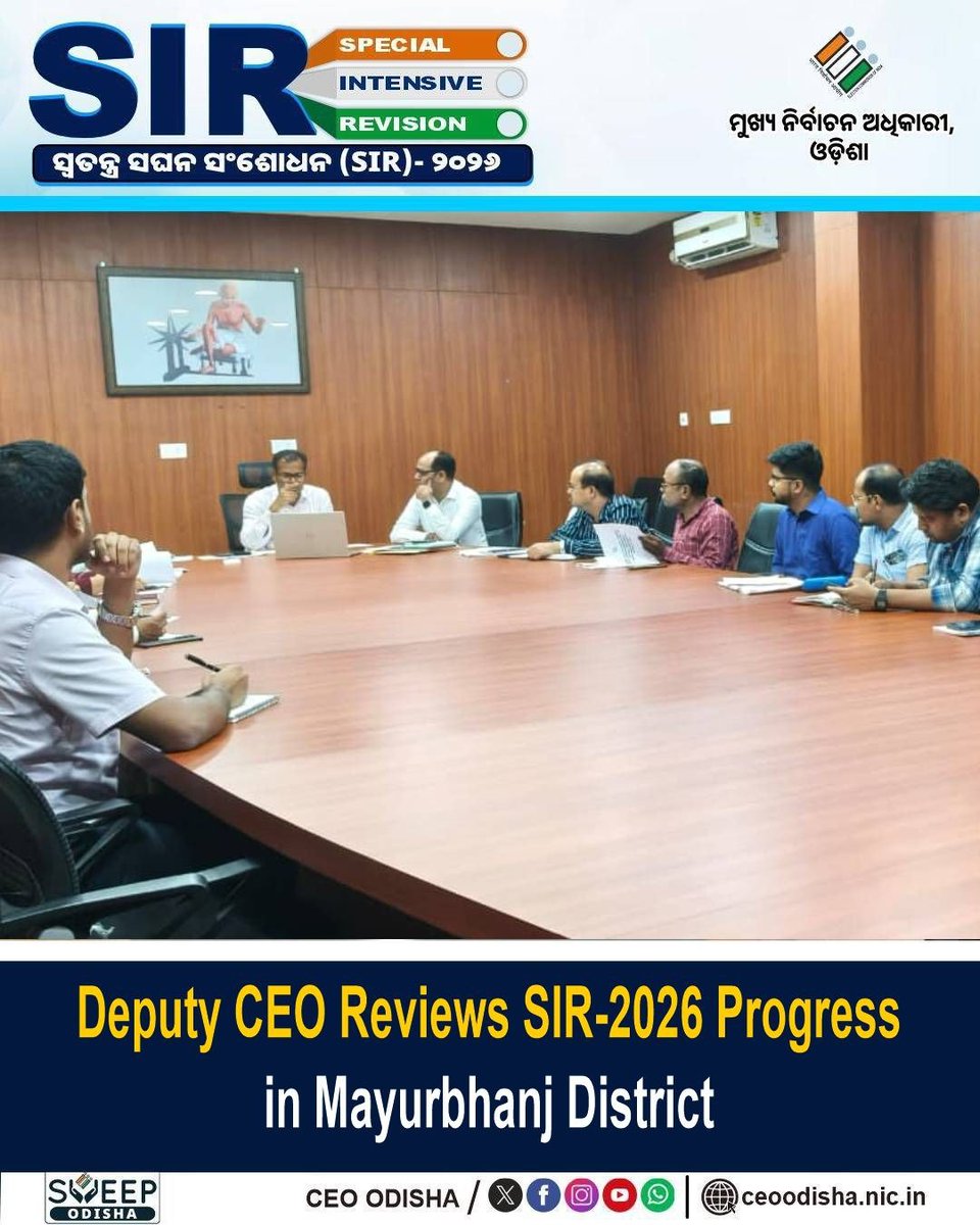 OdishaCeo's tweet photo. A review meeting on the progress of the Special Intensive Revision (SIR)-2026 was held at the Collectorate, Baripada, with the DEO, EROs and AEROs of Mayurbhanj. Dr. Laxmi Prasad Sahu, Deputy Chief Electoral Officer, Odisha, reviewed the ongoing activities and emphasised expediting the notice delivery and hearing process to ensure timely disposal of Claims & Objections.

The discussion also focused on strengthening field-level implementation for the preparation of an accurate, transparent and inclusive Electoral Roll.

#SIR2026 #ElectionCommission #DeputyCEO #ClaimsAndObjections #ElectoralRoll #Baripada #Mayurbhanj #Odisha