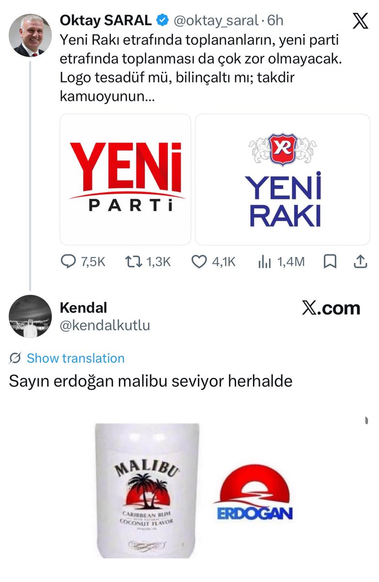 solcugazete60's tweet photo. Oktay Saral'ın "Yeni Rakı" benzetmesine gelen bir yanıt:

"Sayın Erdoğan Malibu seviyor herhalde." https://t.co/VZ3ikb0tnb