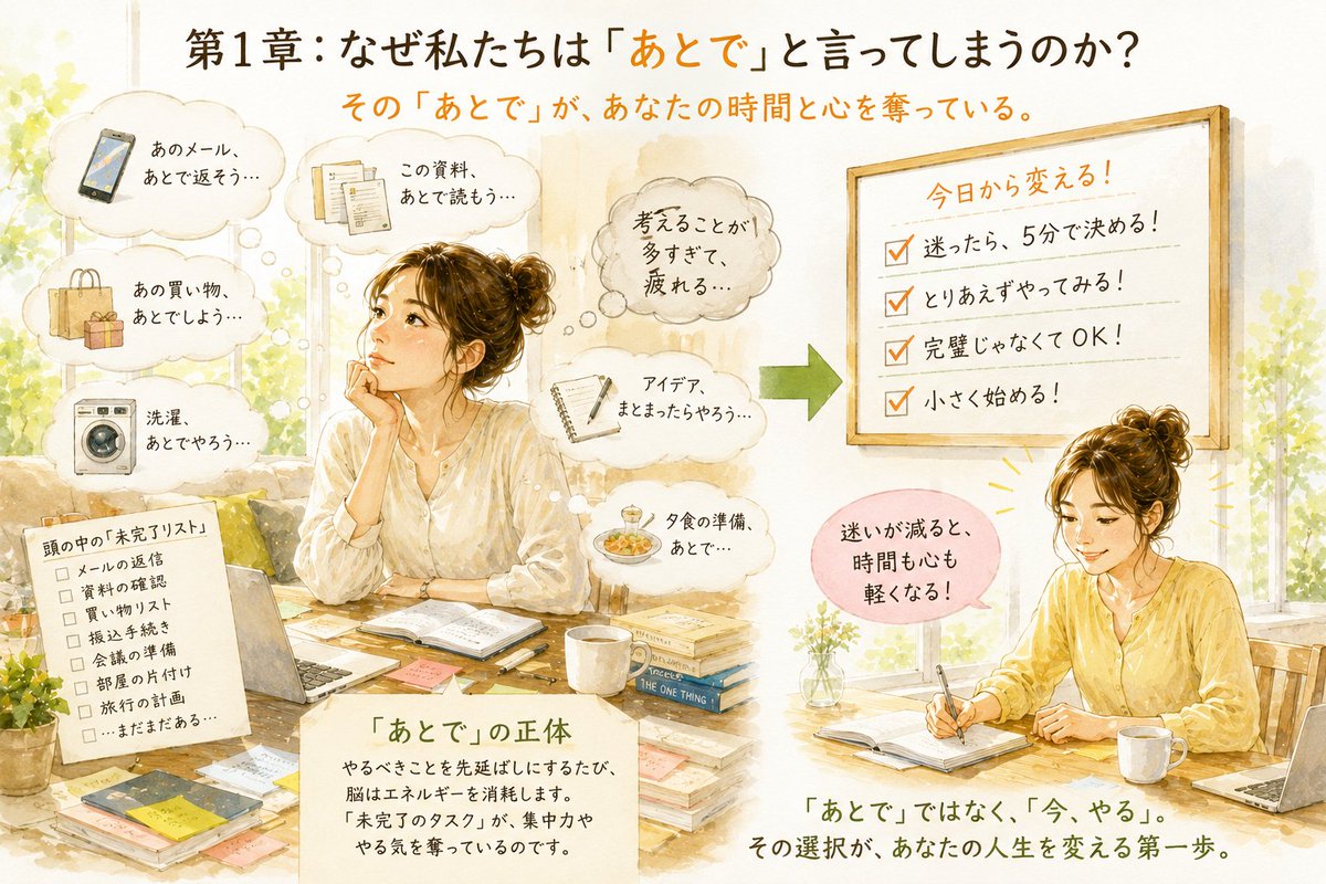 lovedogcat's tweet photo. ⏰「あとでやる」は、実は“時間”ではなく“人生”を少しずつ失っている言葉かもしれません。

「明日から始めよう」📅「時間ができたらやろう」💭「もう少し考えてから…」🤔

そうして気づけば、1週間、1か月、1年が過ぎていく。
人生を変える人と変えられない人の差は、才能でも運でもなく、**「今、動けるか」**なのかもしれません🔥

📖 『「あとでやる」がなくなる本：1日5分で人生を変える「即断・即決」の技術』 白石拓真 著
必要なのは、いきなり大きな挑戦をすることではありません。

⏱️まず5分だけ始める ⚡小さなことはすぐ決める 🚀完璧を待たずに動く 🌱小さな行動を積み重ねる
その習慣が、仕事💼、勉強📚、副業💻、片付け🧹、夢への挑戦🌈まで変えていきます。

💰Kindle版499円 📚Kindle Unlimitedならいつでも0円！

🔗 https://t.co/YkMRqXXgFg
🎧アレクサを無料DLすれば耳でも読めます♪ 🔗 https://t.co/JIcqrIUY2O
「いつか」は、待っていても来ません。
人生を変える最高のタイミングは―― **「あとで」ではなく「今」です。**🔥🔥🔥
#Kindle #先延ばし #行動力 #習慣化 #自己啓発 #時間術 #即断即決 #人生を変える #電子書籍