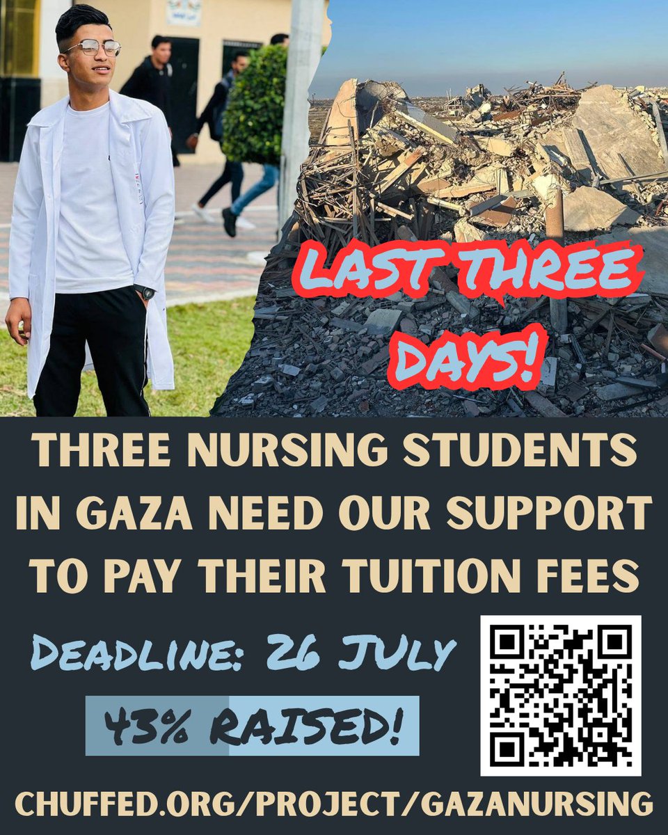 GazaNursing's tweet photo. Thanks to some generous support, we're nearly halfway towards the tuition fee goal! But we only have three days left to get all the way there so that these dedicated nursing students can sit their final exams. Please keep sharing and contributing!
https://t.co/CqgRy0Kr4W https://t.co/nnYJNrhLnM