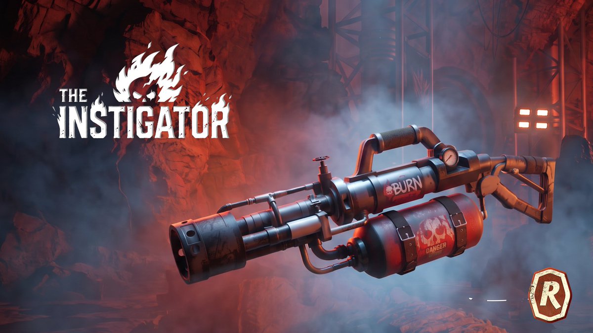 InfinityRisingX's tweet photo. The Instigator flamethrower. Rando's Metalworks cobbled it from scavenged fuel tanks and pressure valves, BURN scrawled down the barrel in red. Pull the trigger, throw flames, scorched earth. Part of the Revolt Underground Bundle. In the store: https://t.co/E9LIx7VFBv https://t.co/zj9kiDauDk