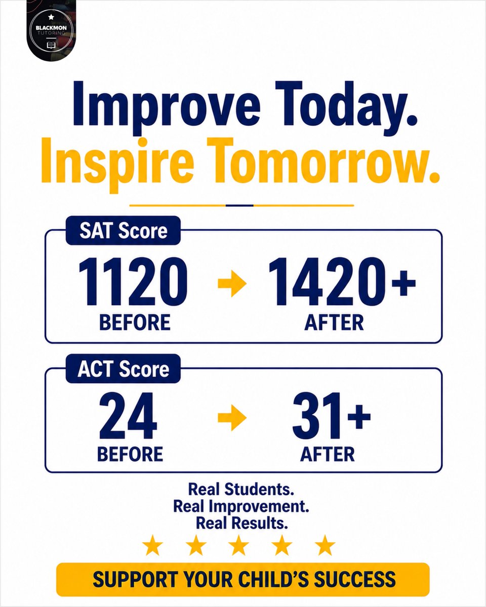 blackmontutorin's tweet photo. Real students. Real improvement. Real results.

SAT: 1120 → 1420+
ACT: 24 → 31+

Give your child the personalized support they need to achieve their best score.

Learn More:https://t.co/GedvxWVnE3

#SATPrep #ACTPrep #HigherScores #CollegePrep #BlackmonTutoring https://t.co/F2HkUxQqlo