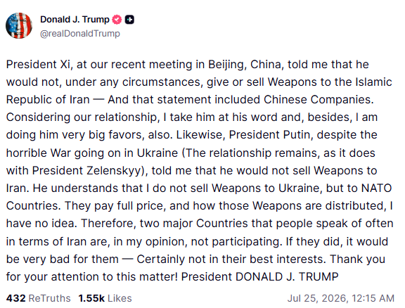 Min_FX's tweet photo. 【Dealer's Voice】
🇺🇸トランプ大統領「中露はイランに武器供与せず」
習主席は中国企業を含め、イランへ武器を供与・販売しないと明言。プーチン氏も同様の考えを示したという。トランプ氏は両首脳を信頼するとし、米国はウクライナではなくNATO諸国に武器を販売していると説明。中露が関与すれば「非常に悪い結果になる」と警告。