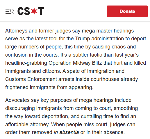 ReichlinMelnick's tweet photo. The Trump admin had a problem; most immigrants show up for their court hearings and fight their cases. That's bad for mass deportationists seeking to max out deportation orders.

Enter "mega masters" — rescheduling hearings for days later with no warning and inadequate notice. https://t.co/rTZ1BVkj6a