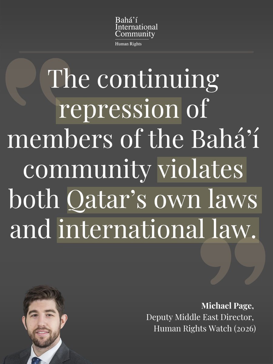 BahaiBIC_Rights's tweet photo. Thank you @MichaelARPage  for speaking out against the ongoing discrimination faced by Bahá'ís in Qatar. @hrw's recent report warns of serious discrimination and highlights the risks facing Bahá'ís at imminent threat of deportation. Read the article here: https://t.co/GZETtwRB4l https://t.co/XszCszq4Zk
