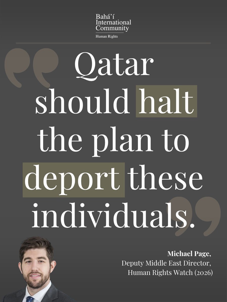 BahaiBIC_Rights's tweet photo. Thank you @MichaelARPage  for speaking out against the ongoing discrimination faced by Bahá'ís in Qatar. @hrw's recent report warns of serious discrimination and highlights the risks facing Bahá'ís at imminent threat of deportation. Read the article here: https://t.co/GZETtwRB4l https://t.co/XszCszq4Zk