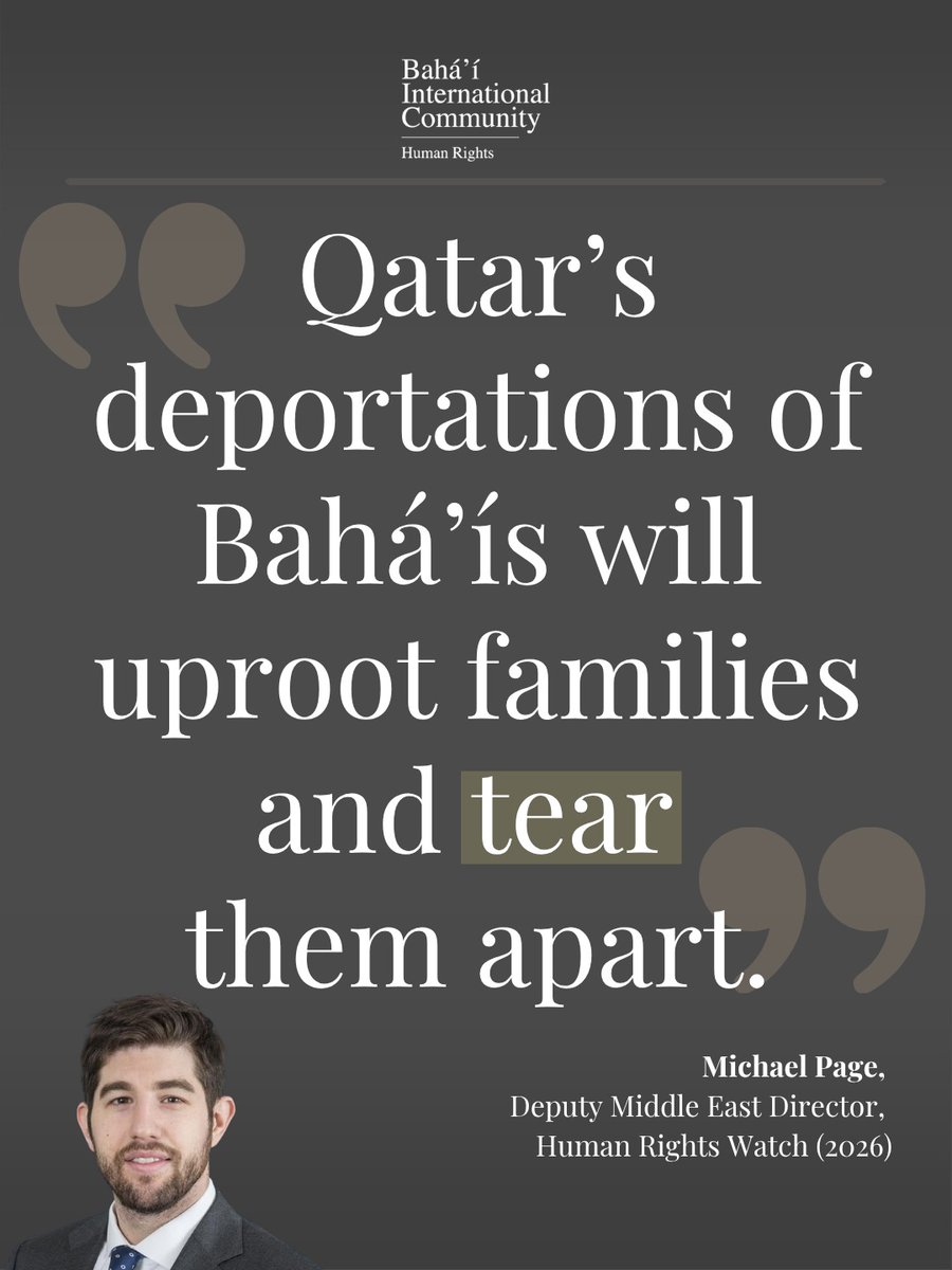 BahaiBIC_Rights's tweet photo. Thank you @MichaelARPage  for speaking out against the ongoing discrimination faced by Bahá'ís in Qatar. @hrw's recent report warns of serious discrimination and highlights the risks facing Bahá'ís at imminent threat of deportation. Read the article here: https://t.co/GZETtwRB4l https://t.co/XszCszq4Zk