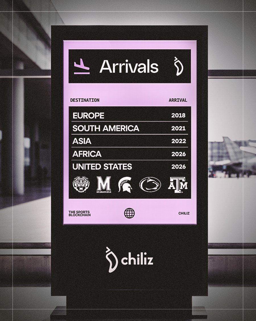 Chiliz's tweet photo. New arrival: the United States 🇺🇸

The Chiliz Group has landed in the U.S. with the launch of the @Socios College Sports Programme, paving the way for the first @FanTokens in U.S. college sports.

Founding partners:
@LSUsports
@umterps
@MSU_Athletics
@GoPSUsports
@12thMan https://t.co/3swPjT0K2Z