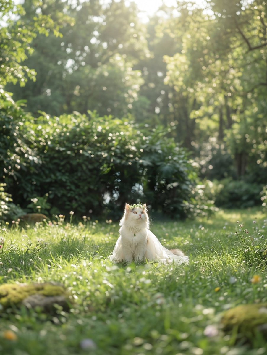 Serotonin_Dose's tweet photo. Crowned in petals, draped in light…  
a tiny queen of the sunlit garden.  

Soft fur, emerald heart,  
and eyes that hold the morning. 🐱🌿✨ https://t.co/wx1g7I3Ld6