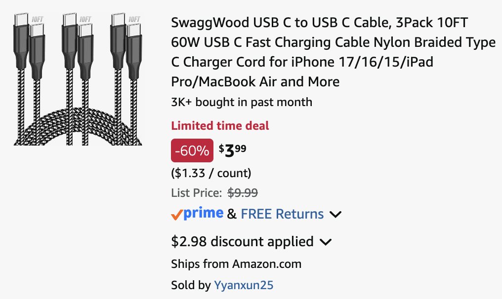 Pricerrors's tweet photo. PROMO STILL WORKING ON CHEAP CHARGING CABLES

Amazon's promo code from our last post is still working on this 3-pack of 10ft USB-C cables

https://t.co/h9cyekbCEk #ad 

Apply code "C3RRVWFM" before checkout https://t.co/HeKBRo9Kol