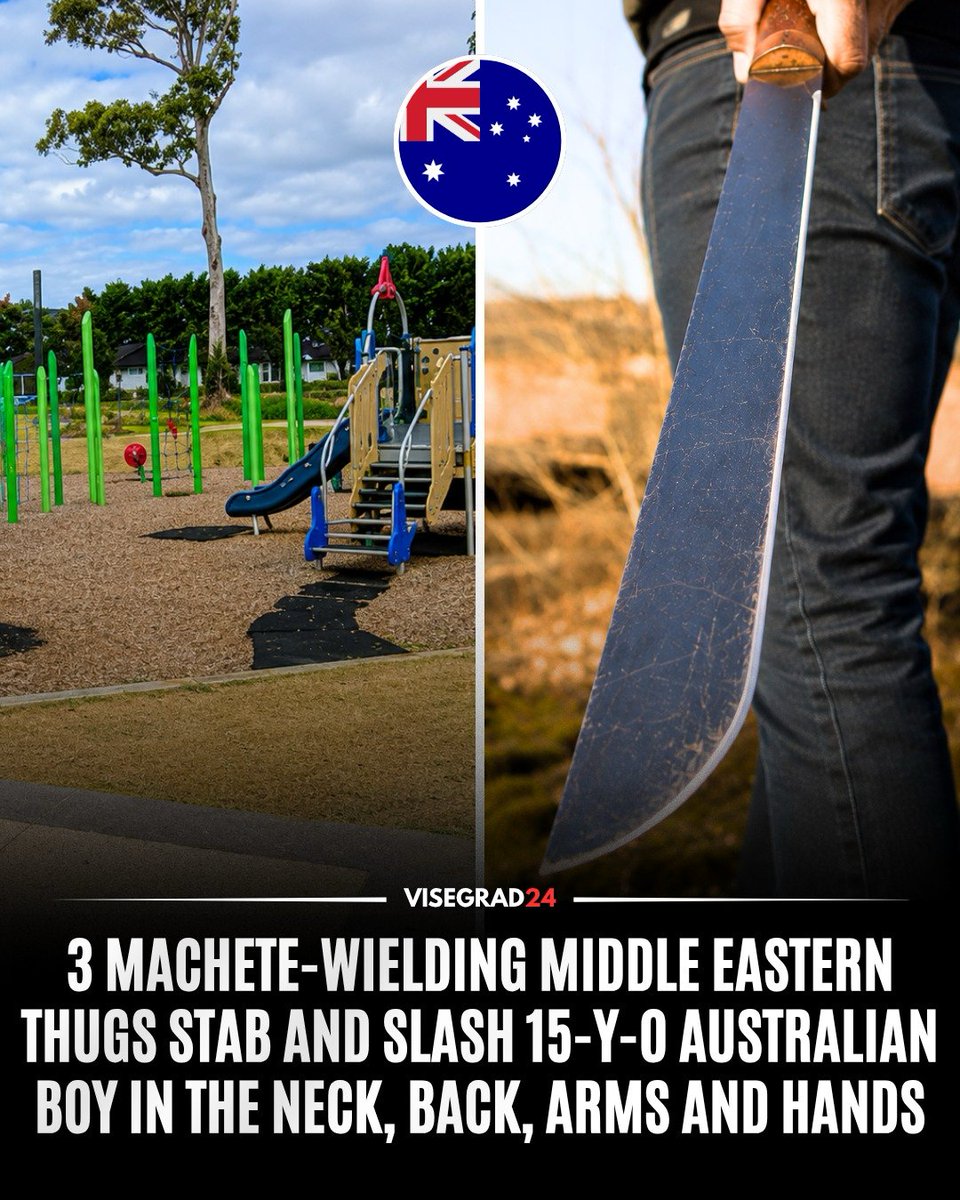 visegrad24's tweet photo. A 15-year-old Alkira Secondary College student has undergone emergency surgery after being stabbed and slashed in the neck, back, arms and hands by Middle Eastern thugs who attacked him with machetes at Sabel Reserve Playground in Melbourne, Australia.

Police say the teenager had just left school and was with two friends when three males, aged approximately 16–20, began calling out and taunting the group before chasing him into the park.

Detective Inspector Mark Patrick said the suspects let out what he described as "a war cry" intended to intimidate the victims before launching "an extremely violent attack", repeatedly striking the boy with their weapons.

Victoria Police are searching for the suspects.