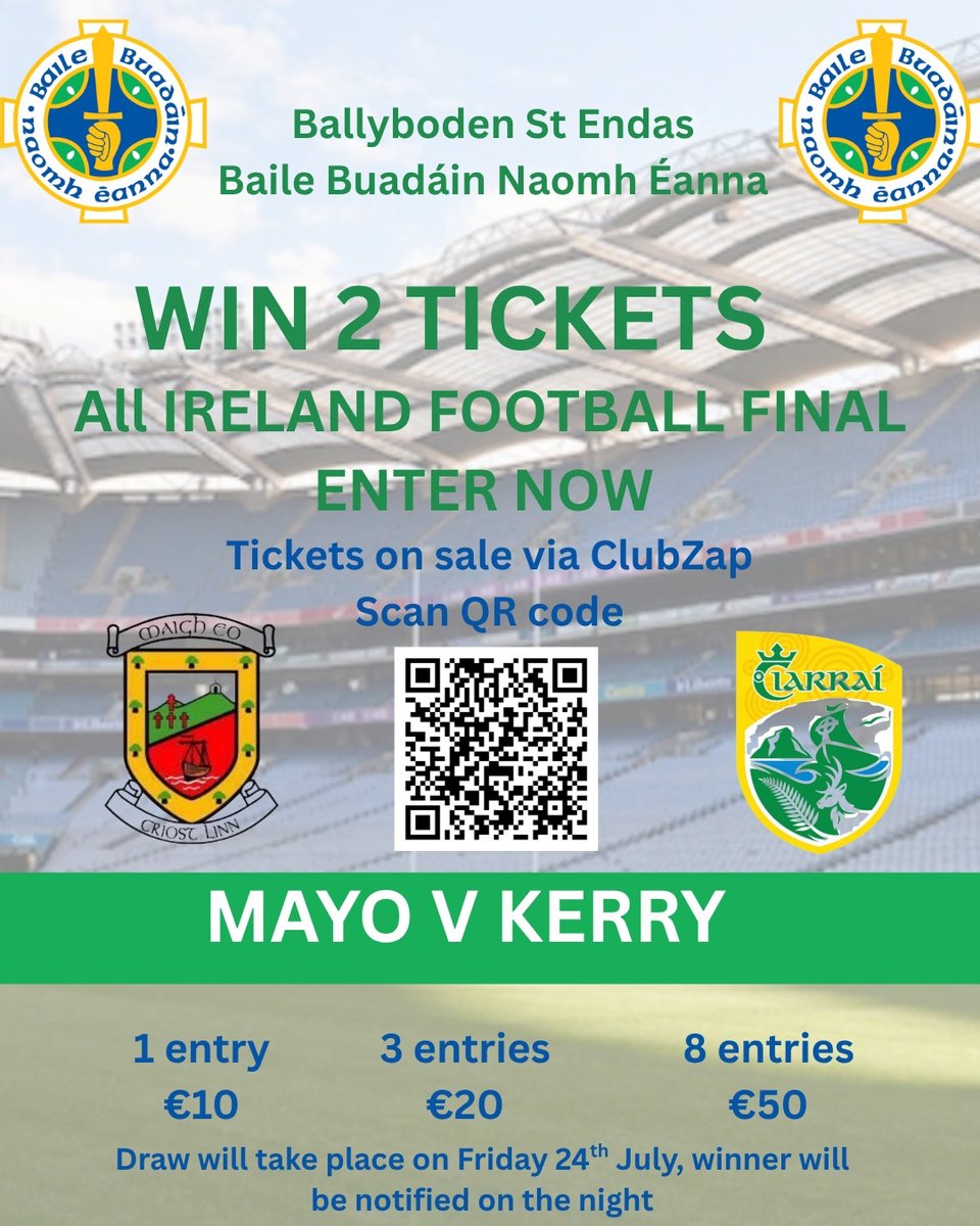 Bodengaa's tweet photo. Last chance to get your tickets to be in with a chance to attend the most anticipated All Ireland football final in years (deadline 19.00). https://t.co/XEmAaWynV7

@kilmainegaa
@ShruleGlencorib
@ballinrobegaa https://t.co/c2mOvSr2Fv