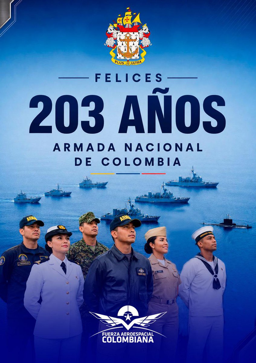 FuerzaAereaCol's tweet photo. Servir a nuestro país nos une. Ese propósito compartido ha fortalecido los lazos de fraternidad entre quienes protegemos nuestra Nación.

Por eso hoy, en el aniversario de la @ArmadaColombia reconocemos la entrega de su personal y reafirmamos nuestro compromiso de seguir trabajando conjuntamente con honor por la defensa y seguridad de todos los colombianos.

¡Buen viento y buena mar!

#AdAstra🚀