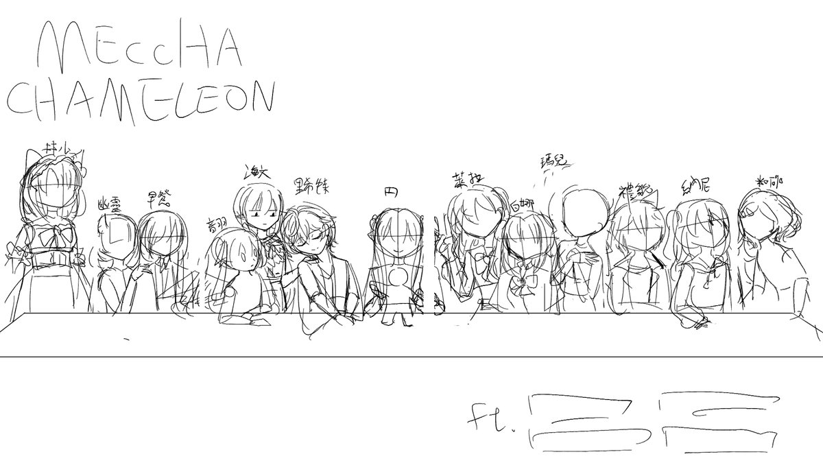 HJaschta's tweet photo. 【變色龍的晚餐】
當時討論要玩變色龍時，說人太少不好玩，我就跟 円那@NGmaruna_1227  說那不然找13個人我畫最後的晚餐，然���他真的找了，我就真的畫了...

建檔時間是7/16，應該是我完成另一張圖之後先畫草稿，在7/23中午完成。

最開始討論位置時円那一定是耶穌位，為了防止有不好的意思，我自己佔了猶大位，而看了看，怎麼就里希特最適合那個最柔和、最美麗的位子。
期他就是三三三組隨意分了，對。

原本考慮円那要按照畫的姿勢，但想了想覺得有點無聊，我就讓他拿了變色龍的白色素體。

里希特 @Jing_Licht 是完全按照位子去畫的，我沒有要改他的動作，但我看了很久他的襯���上好像有金色的，我就象徵畫了一下，最後加上他的項鍊就完成了，畫說你的頭髮真多(

音羽織 @SikiOtowa 的衣服是真的很複雜，我當時看了很久一直在思考，真的假的？
我其實原本想讓大家穿自己代表色的t-shirt，但考慮到太多人也沒時間一一問意願，就還是畫大家的設定服裝了。
還好這張圖你只有一對翅膀會露出來

早餐 @breakfast_0218   小幽靈 @U0_0520 円那說他們是一起來的，我就決定把他們放在一起，剛好有一組是有碰對方肩膀，我就讓他們互相摸著對方的手表示"放心沒事的"

小林リン @Kohayashilin 我想讓他表示一種，站起身來看發生什麼事的樣子，小林畫的部分比較大的問題是我不太確定眼鏡的種類，因為我拿到的圖有點往旁邊傾��。

萊拉 @AkaneReality 的位置是一個疑惑指天的動作，我覺得這很適合身為天使的萊拉，雖然看起來像是想要提議什麼的感覺。

白娜 @WhiteBana_Ch  瑪兒 @majialeite   是一開始就決定放在一起，兩隻手張開原本是解釋自己沒有做壞事，我決定改成白娜捏了變色龍素體縮成一團，而瑪兒是開心的看著白娜。

禮貌哥 @jasonkang00 衣服算簡單，但因為只有比較簡單的繪畫版本，所以在辨認頭髮上花了點時間，不過他的手鐲其實在別的位子，但因為是另一隻手露出來，就偷換一下了。

菲尼克斯.李.普爾懷特 @NanichanOca  有全身圖的狀況下，主要是衣服上面有圖案，不過基本遮住了，所以是多少補一點。

阿咪老蘇 @Qmi613    我找了很久找不到完整人設，所以我是用繪俄史的學生證與性轉確認她有毛衣！

因為沒時間一個���個調整色彩跟陰影，我只好用統一上色的方式，但還是得每個人塗色(
漂染頭髮顏色也太多了吧www

原本想按照背景照畫，但實在沒時間就是上個色塊用筆刷瘋狂補老舊痕跡，怕中央太空我就放了原圖啦！
其實原本打算在桌子上面放遊戲的槍或油漆桶之類的，但我實在是沒時間，所以就在桌布上加了大家的象徵色。

下次不亂發誓了，下次一定。

#Haivender_live