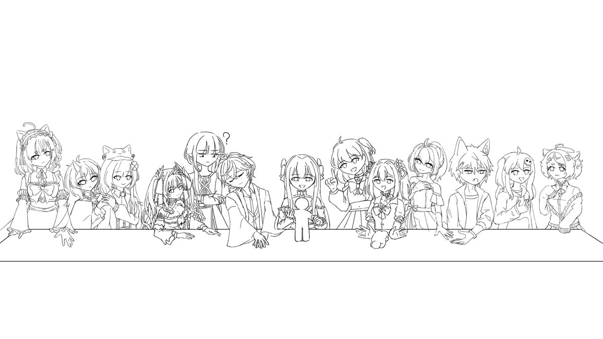 HJaschta's tweet photo. 【變色龍的晚餐】
當時討論要玩變色龍時，說人太少不好玩，我就跟 円那@NGmaruna_1227  說那不然找13個人我畫最後的晚餐，然���他真的找了，我就真的畫了...

建檔時間是7/16，應該是我完成另一張圖之後先畫草稿，在7/23中午完成。

最開始討論位置時円那一定是耶穌位，為了防止有不好的意思，我自己佔了猶大位，而看了看，怎麼就里希特最適合那個最柔和、最美麗的位子。
期他就是三三三組隨意分了，對。

原本考慮円那要按照畫的姿勢，但想了想覺得有點無聊，我就讓他拿了變色龍的白色素體。

里希特 @Jing_Licht 是完全按照位子去畫的，我沒有要改他的動作，但我看了很久他的襯���上好像有金色的，我就象徵畫了一下，最後加上他的項鍊就完成了，畫說你的頭髮真多(

音羽織 @SikiOtowa 的衣服是真的很複雜，我當時看了很久一直在思考，真的假的？
我其實原本想讓大家穿自己代表色的t-shirt，但考慮到太多人也沒時間一一問意願，就還是畫大家的設定服裝了。
還好這張圖你只有一對翅膀會露出來

早餐 @breakfast_0218   小幽靈 @U0_0520 円那說他們是一起來的，我就決定把他們放在一起，剛好有一組是有碰對方肩膀，我就讓他們互相摸著對方的手表示"放心沒事的"

小林リン @Kohayashilin 我想讓他表示一種，站起身來看發生什麼事的樣子，小林畫的部分比較大的問題是我不太確定眼鏡的種類，因為我拿到的圖有點往旁邊傾��。

萊拉 @AkaneReality 的位置是一個疑惑指天的動作，我覺得這很適合身為天使的萊拉，雖然看起來像是想要提議什麼的感覺。

白娜 @WhiteBana_Ch  瑪兒 @majialeite   是一開始就決定放在一起，兩隻手張開原本是解釋自己沒有做壞事，我決定改成白娜捏了變色龍素體縮成一團，而瑪兒是開心的看著白娜。

禮貌哥 @jasonkang00 衣服算簡單，但因為只有比較簡單的繪畫版本，所以在辨認頭髮上花了點時間，不過他的手鐲其實在別的位子，但因為是另一隻手露出來，就偷換一下了。

菲尼克斯.李.普爾懷特 @NanichanOca  有全身圖的狀況下，主要是衣服上面有圖案，不過基本遮住了，所以是多少補一點。

阿咪老蘇 @Qmi613    我找了很久找不到完整人設，所以我是用繪俄史的學生證與性轉確認她有毛衣！

因為沒時間一個���個調整色彩跟陰影，我只好用統一上色的方式，但還是得每個人塗色(
漂染頭髮顏色也太多了吧www

原本想按照背景照畫，但實在沒時間就是上個色塊用筆刷瘋狂補老舊痕跡，怕中央太空我就放了原圖啦！
其實原本打算在桌子上面放遊戲的槍或油漆桶之類的，但我實在是沒時間，所以就在桌布上加了大家的象徵色。

下次不亂發誓了，下次一定。

#Haivender_live