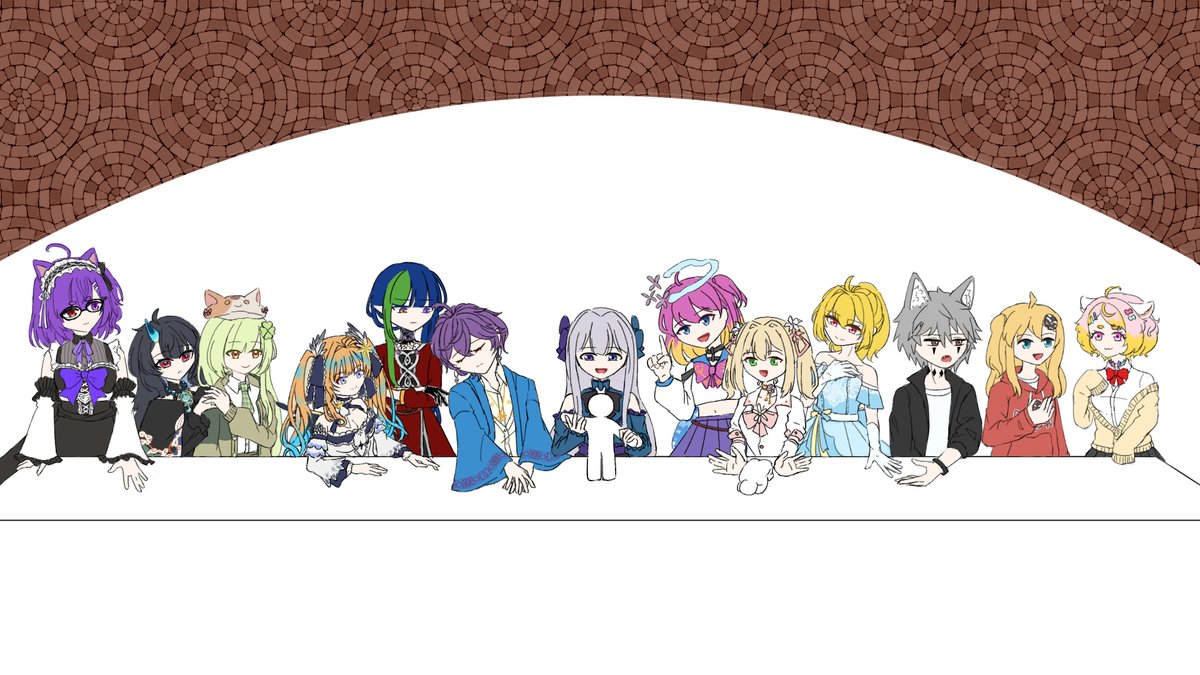 HJaschta's tweet photo. 【變色龍的晚餐】
當時討論要玩變色龍時，說人太少不好玩，我就跟 円那@NGmaruna_1227  說那不然找13個人我畫最後的晚餐，然���他真的找了，我就真的畫了...

建檔時間是7/16，應該是我完成另一張圖之後先畫草稿，在7/23中午完成。

最開始討論位置時円那一定是耶穌位，為了防止有不好的意思，我自己佔了猶大位，而看了看，怎麼就里希特最適合那個最柔和、最美麗的位子。
期他就是三三三組隨意分了，對。

原本考慮円那要按照畫的姿勢，但想了想覺得有點無聊，我就讓他拿了變色龍的白色素體。

里希特 @Jing_Licht 是完全按照位子去畫的，我沒有要改他的動作，但我看了很久他的襯���上好像有金色的，我就象徵畫了一下，最後加上他的項鍊就完成了，畫說你的頭髮真多(

音羽織 @SikiOtowa 的衣服是真的很複雜，我當時看了很久一直在思考，真的假的？
我其實原本想讓大家穿自己代表色的t-shirt，但考慮到太多人也沒時間一一問意願，就還是畫大家的設定服裝了。
還好這張圖你只有一對翅膀會露出來

早餐 @breakfast_0218   小幽靈 @U0_0520 円那說他們是一起來的，我就決定把他們放在一起，剛好有一組是有碰對方肩膀，我就讓他們互相摸著對方的手表示"放心沒事的"

小林リン @Kohayashilin 我想讓他表示一種，站起身來看發生什麼事的樣子，小林畫的部分比較大的問題是我不太確定眼鏡的種類，因為我拿到的圖有點往旁邊傾��。

萊拉 @AkaneReality 的位置是一個疑惑指天的動作，我覺得這很適合身為天使的萊拉，雖然看起來像是想要提議什麼的感覺。

白娜 @WhiteBana_Ch  瑪兒 @majialeite   是一開始就決定放在一起，兩隻手張開原本是解釋自己沒有做壞事，我決定改成白娜捏了變色龍素體縮成一團，而瑪兒是開心的看著白娜。

禮貌哥 @jasonkang00 衣服算簡單，但因為只有比較簡單的繪畫版本，所以在辨認頭髮上花了點時間，不過他的手鐲其實在別的位子，但因為是另一隻手露出來，就偷換一下了。

菲尼克斯.李.普爾懷特 @NanichanOca  有全身圖的狀況下，主要是衣服上面有圖案，不過基本遮住了，所以是多少補一點。

阿咪老蘇 @Qmi613    我找了很久找不到完整人設，所以我是用繪俄史的學生證與性轉確認她有毛衣！

因為沒時間一個���個調整色彩跟陰影，我只好用統一上色的方式，但還是得每個人塗色(
漂染頭髮顏色也太多了吧www

原本想按照背景照畫，但實在沒時間就是上個色塊用筆刷瘋狂補老舊痕跡，怕中央太空我就放了原圖啦！
其實原本打算在桌子上面放遊戲的槍或油漆桶之類的，但我實在是沒時間，所以就在桌布上加了大家的象徵色。

下次不亂發誓了，下次一定。

#Haivender_live