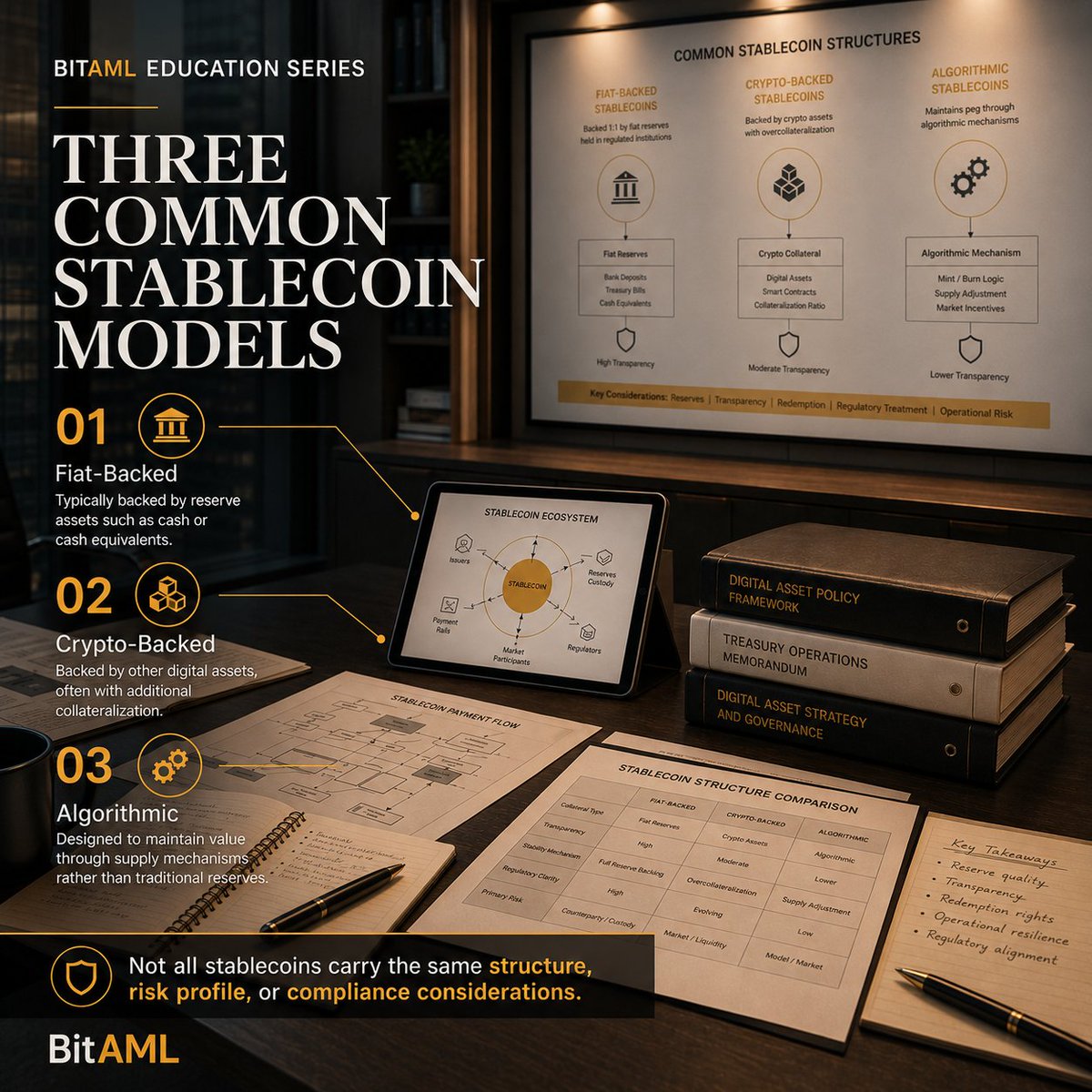 BitAML's tweet photo. Not all stablecoins work the same way.

Some are fiat-backed, some are crypto-backed, and some rely on algorithmic mechanisms to maintain value.

Understanding the structure matters for risk and compliance.

#Stablecoins #CryptoCompliance #AML https://t.co/jterVOc0d1