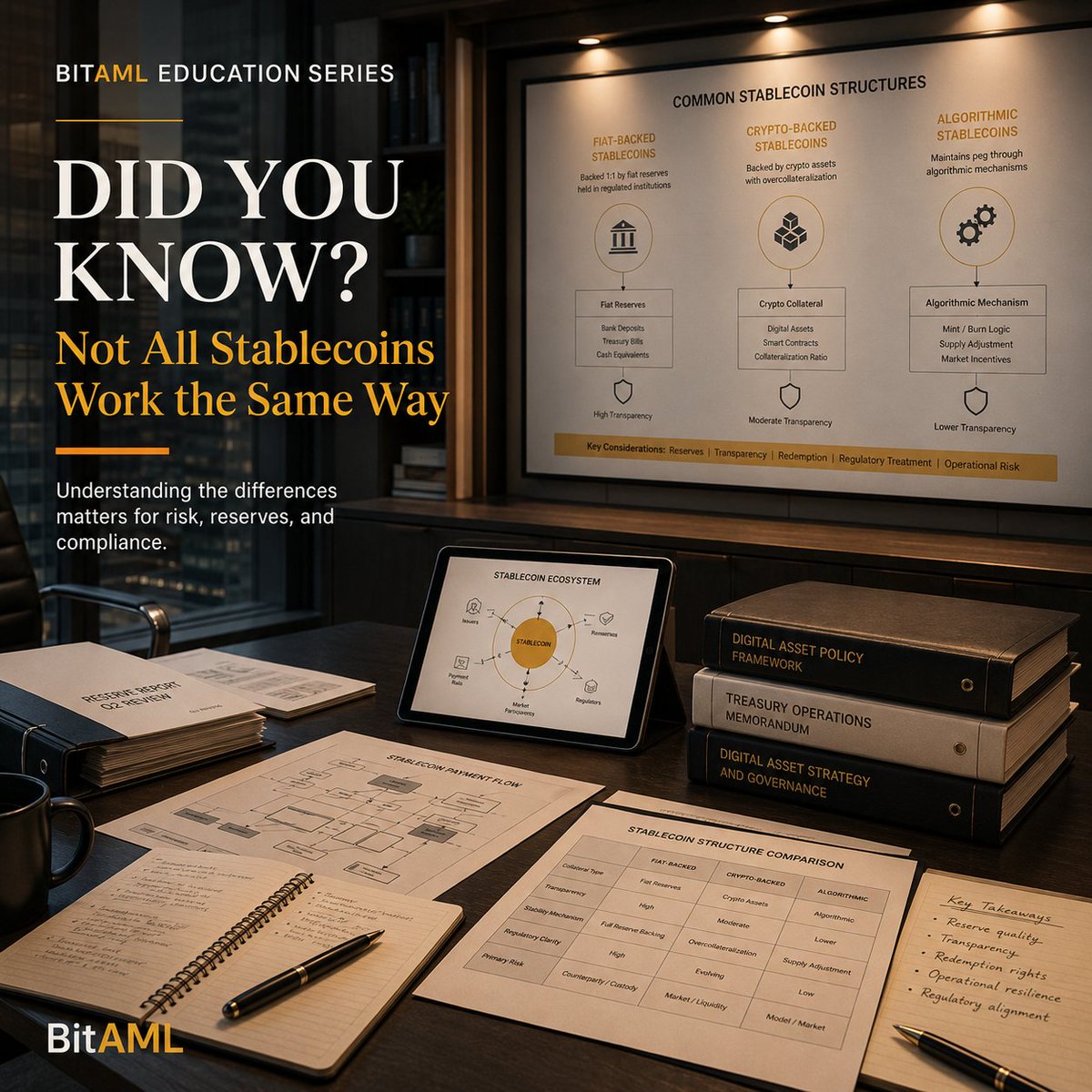 BitAML's tweet photo. Not all stablecoins work the same way.

Some are fiat-backed, some are crypto-backed, and some rely on algorithmic mechanisms to maintain value.

Understanding the structure matters for risk and compliance.

#Stablecoins #CryptoCompliance #AML https://t.co/jterVOc0d1