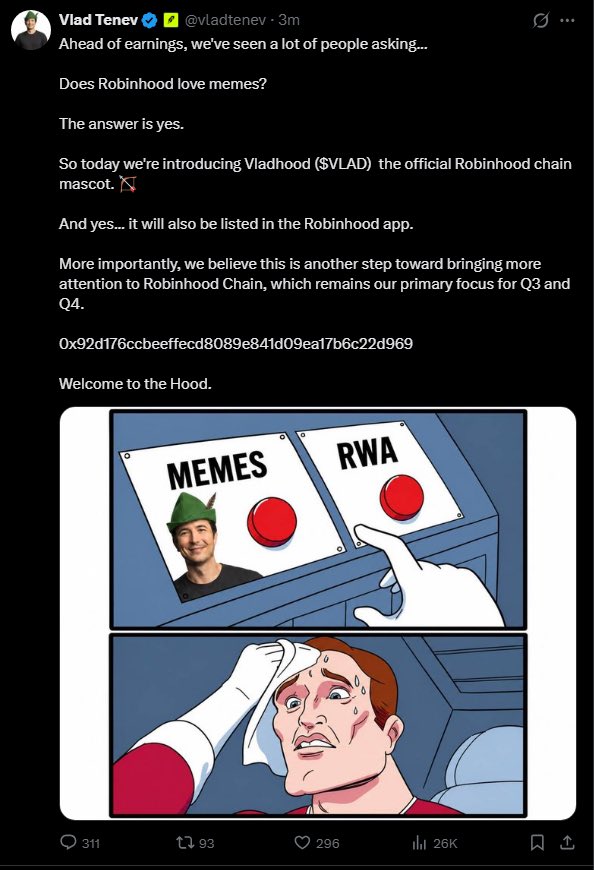 Shilllin's tweet photo. Personally I think @vladtenev has to support the coin he posted when his account was hacked

It’s too early in the game for this incident to happen and sweep it under the rug 

Tether is now on chain and hasn’t had the founder hacked posting meme coins 

People go where trust is https://t.co/R2fXY1o32V