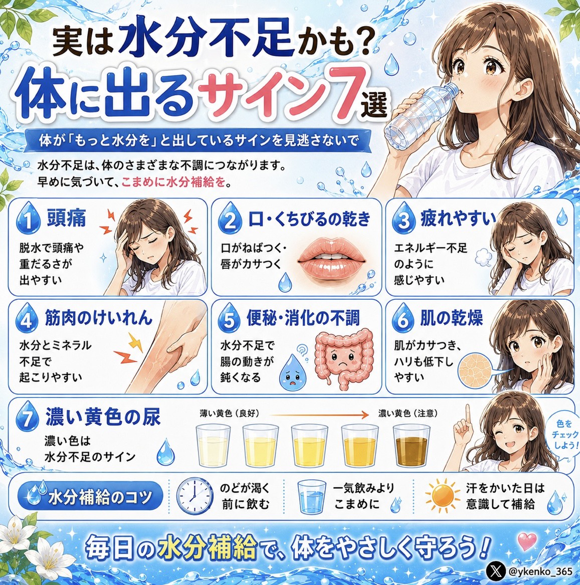 ykenko_365's tweet photo. 頭痛や疲れ、肌の乾燥…。
「寝不足かな？」と思っていた不調が、
実は水分不足のサインかもしれません😣

喉が渇いてから一気に飲むのではなく、喉が渇く前に少しずつ補給するのがポイント💡
起床後、食事中、入浴前後など、飲むタイミングを決めておくと続けやすくなります！

尿の色がいつもより濃い時や、汗をたくさんかいた日は、特に意識して水分補給を。
体調や活動量に合わせて、無理なくこまめに取り入れていきましょう☺️

水分補給を忘れないように、ぜひ保存して見返してね💧