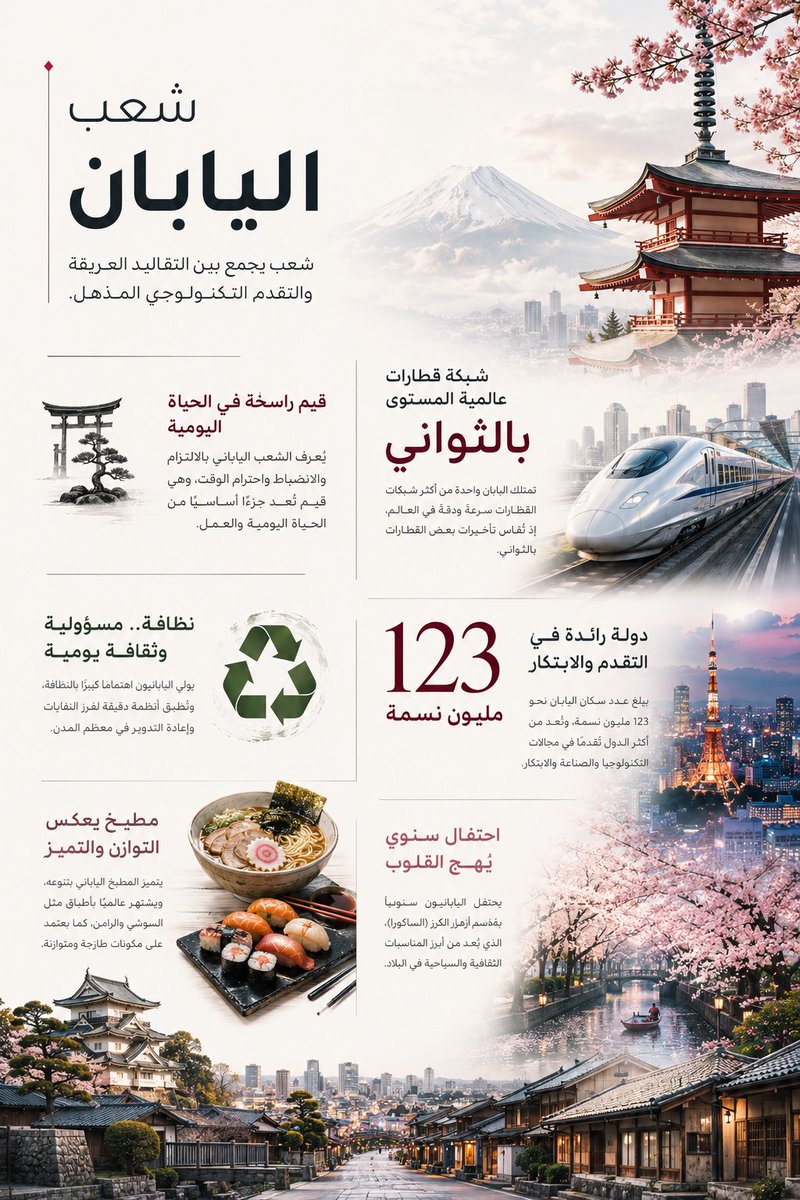 Mohammed_almnaa's tweet photo. تبغى تسوي #انفوجرافيك احترافي وأنت ما تعرف أي شيء في التصميم؟

هذا البرومبت يكفي تكتب فيه الموضوع والمحتوى فقط، وهو يتكفّل بتحليل المعلومات وتصميم انفوجرافيك احترافي بتنسيق وإخراج يشبه أعمال المصممين المحترفين.

البرومبت ⬇️
Use the uploaded infographic as the ONLY reference for layout, composition, typography hierarchy, spacing, visual rhythm, color palette, and overall editorial design language.
Do NOT copy the original topic or text.
Replace all content with the information provided below while preserving the same premium visual identity.
TOPIC
[الموضوع]
CONTENT
[ اكتب المحتوى]
Analyze the supplied content first.
Automatically identify headlines, key messages, KPIs, statistics, percentages, dates, timelines, comparisons, highlights, and supporting information.
Redesign the content into a luxurious editorial infographic instead of a traditional infographic.
The page must feel like a premium government annual report or Bloomberg editorial publication rather than a generic infographic.
Do NOT use repetitive information cards, repeated rounded rectangles, stacked boxes, timeline cards, or identical icon panels.
Instead create a modern editorial composition using a combination of:
• oversized KPI numbers
• floating statistics
• elegant pull quotes
• modular editorial sections
• highlighted percentages
• premium labels
• asymmetric layouts
• subtle dividers
• minimalist annotations
• clean editorial paragraphs
• sophisticated data grouping
• premium iconography only where necessary
Each section must have a different visual treatment while maintaining one unified design language.
Large numbers should dominate visually with supporting text flowing naturally around them.
Keep the center of the page clean and readable.
Use generous white space and excellent Arabic typography.
Never allow the layout to feel repetitive.
The uploaded reference defines the overall structure, proportions, spacing, and reading flow.
Automatically create custom artwork based on the topic.
If the topic is about tourism, generate landmarks, mountains, heritage, nature, and local architecture.
If the topic is about a city, generate recognizable landmarks.
If the topic is about economy, finance, healthcare, education, sports, technology, culture, environment, aviation, logistics, or any other subject, generate highly accurate premium illustrations representing that topic.
The artwork must wrap around the composition.
Architecture and scenery should frame the content naturally.
Allow landmarks to enter from the upper corners.
Extend architectural elements from both lower corners.
Create one panoramic environmental composition across the lower portion.
Distribute visual elements around the page instead of concentrating them in one area.
The artwork must support the content instead of competing with it.
Maintain excellent negative space.
Use cinematic HDR lighting, atmospheric depth, volumetric light, realistic perspective, premium reflections, soft gradients, and luxury editorial color grading.
Everything should look handcrafted by a world-class editorial design studio.
Inspired by Bloomberg Graphics, Pentagram, Apple Editorial, National Geographic, McKinsey, Deloitte, Adobe Illustrator, and high-end government annual reports.
No Canva style.
No PowerPoint style.
No generic infographic templates.
No logos.
No watermarks.
No flags unless explicitly requested.
Use ONLY the supplied content.
Do NOT invent facts.
Do NOT omit any supplied information.
Produce an ultra-premium, Adobe Illustrator-quality, vector-inspired, print-ready, HDR, 8K, vertical 4:5 infographic with world-class Arabic editorial typography and modern data storytelling.

#chat_gpt #nano_banana #ai