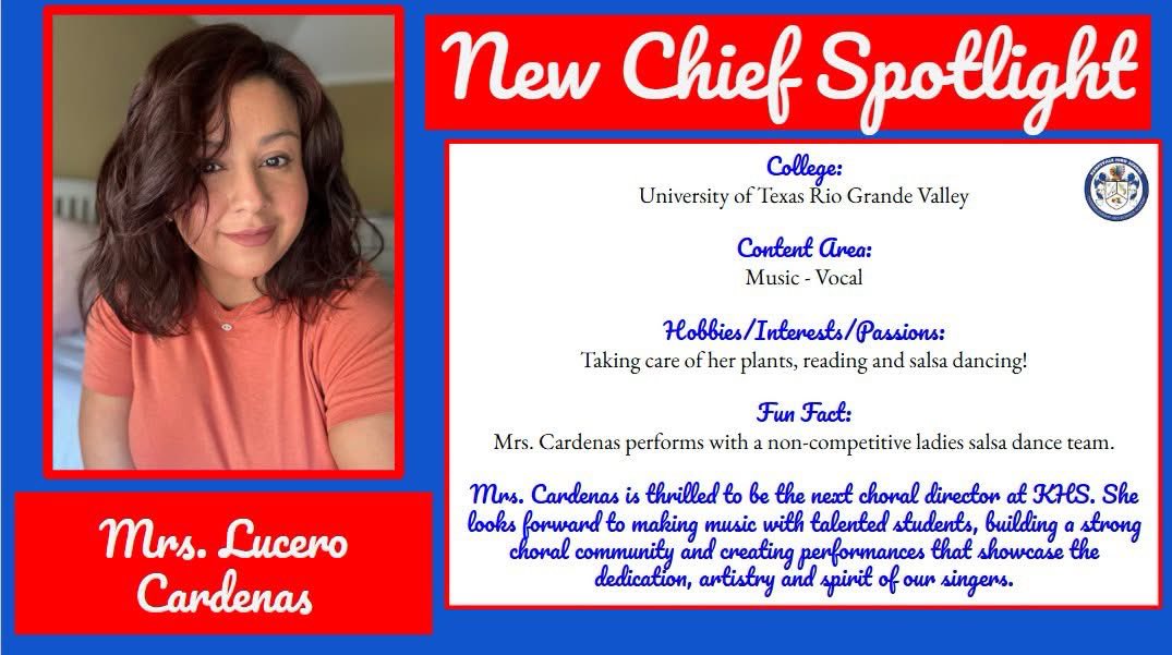 KHS_Chiefs's tweet photo. Please join us in welcoming Mrs. Lucero Cardenas to the Chiefs family as our new Chorus Director! With a decade of experience leading middle and high school choral programs, Mrs. Cardenas is passionate about building strong musical communities. 🎶💙❤️ https://t.co/rdHfVGpWUN