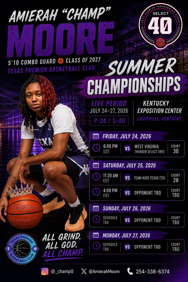 AmierahMoore's tweet photo. In Kentucky this weekend!!!! It’s hard to believe this is my final AAU tournament! I’m thankful God blessed me with the talent to play the game I love. Coaches, come watch me and my team compete! Let’s finish strong! 🏀💜

#ClassOf2027 #Select40 #TexasPremier #RecruitMe. 
@ChaparralWbball @texaspremier_