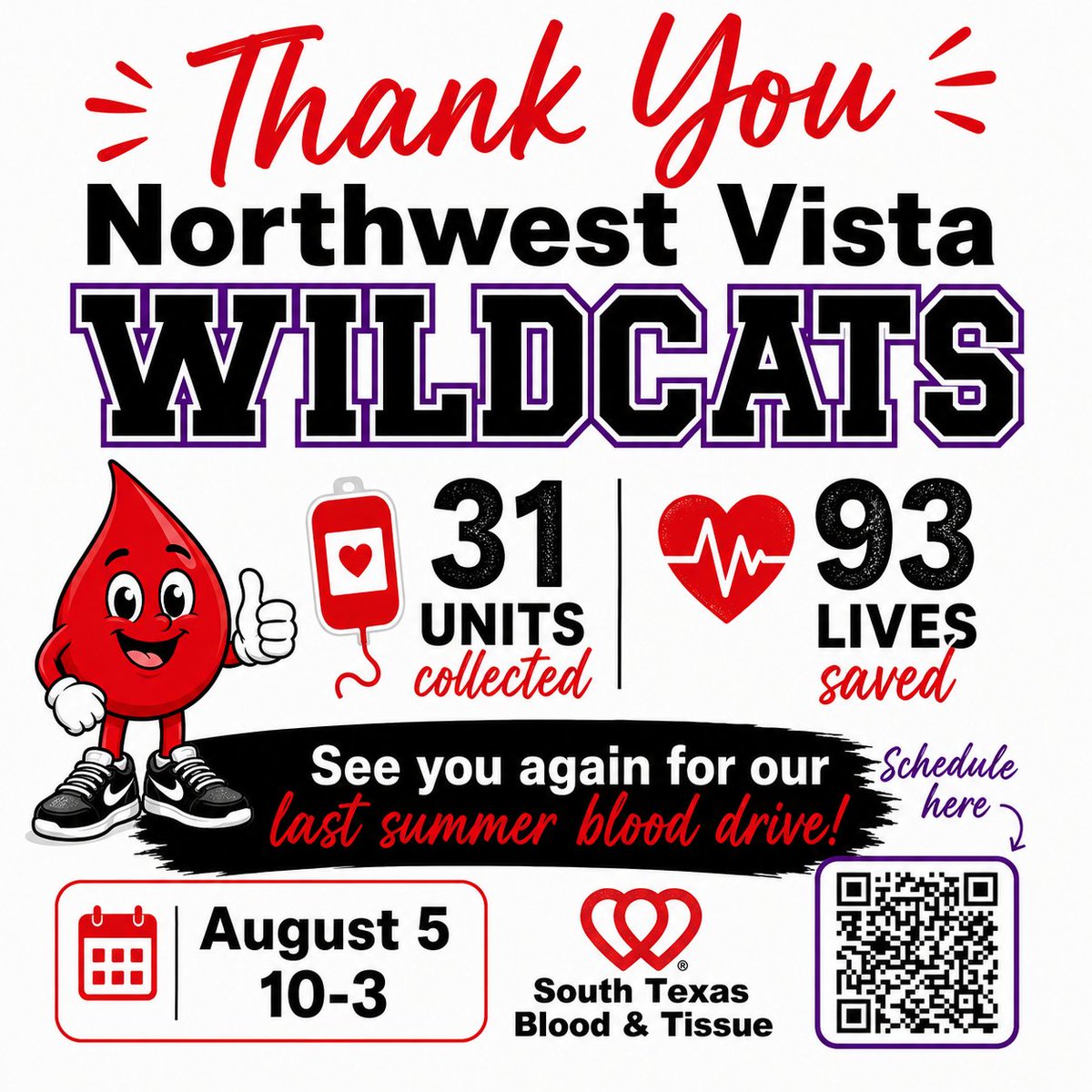 govista's tweet photo. 🐾Way to Go, Wildcats! Your generosity is making a difference! 

A huge thanks to everyone who donated at the South Texas Blood & Tissue blood drive on July 22. Please join us for the final blood drive of the summer on Wednesday, Aug. 5, from 10 a.m. to 3 p.m. The bloodmobile will be parked next to Live Oak Hall.

Every donation has the power to help save lives in our community. As a thank-you, all donors will receive two FREE movie tickets!🎬 🍿 

Schedule your appointment here: 
https://t.co/pWyAPy8uaD
Walk-ins are welcome, too!

✨ Remember, one donation can make all the difference. 

#GiveBlood #SaveLives #SouthTexasBloodAndTissue #BloodDrive #DonateBlood