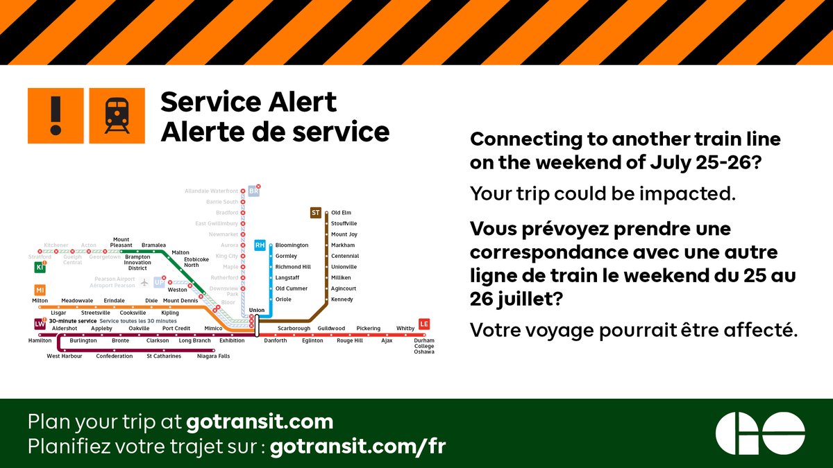 GOtransitLE_FR's tweet photo. Ce week-end, le service des lignes de Lakeshore West, de Barrie et de Kitchener, ainsi qu’UP Express sera ajusté en raison de travaux. Les autobus GO remplaceront le service à certaines gares et certaines n’auront pas de service GO Transit. https://t.co/cn4GEpWB5m https://t.co/ZSldigkAHv